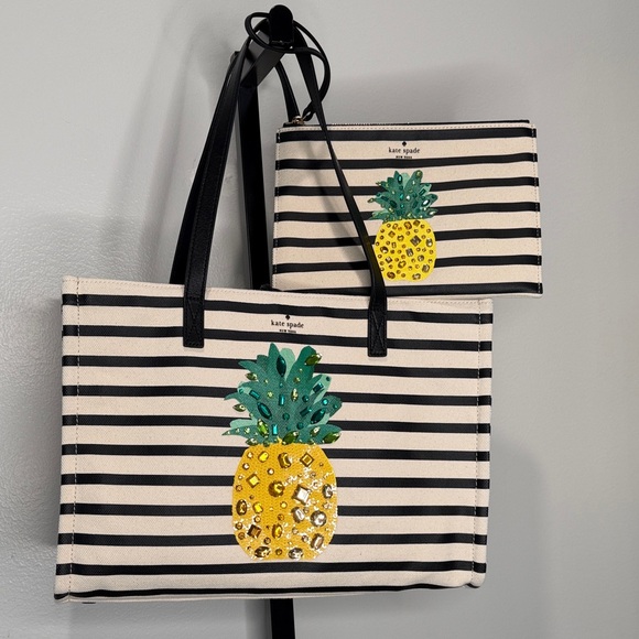 Kate Spade New York By The Pool Pineapple Embellished Canvas Tote and Wristlet - Picture 2 of 8